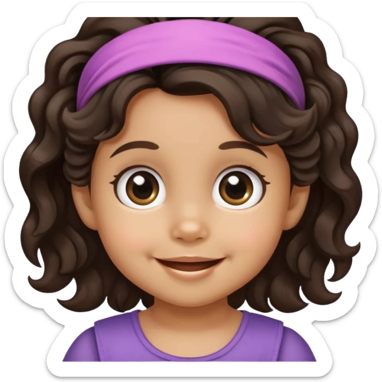 smiling toddler face with big eyes, medium skin tone, dark wavy hair, and a hair band sticker