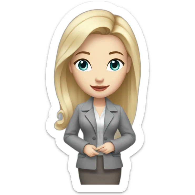 full height pale skin woman with cold blonde straight middle length hair, care haircut, White blouse, Gray oversize jacket, Gray skirt holding a color palette in the hands sticker
