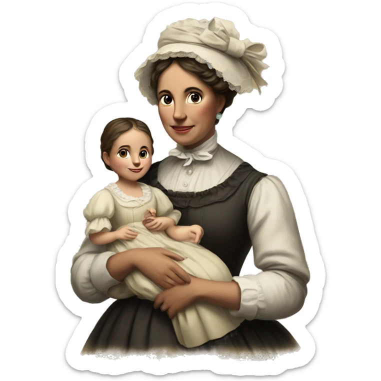 A 19th century woman with a child in her arms. There is a big letter "A" on the dress sticker