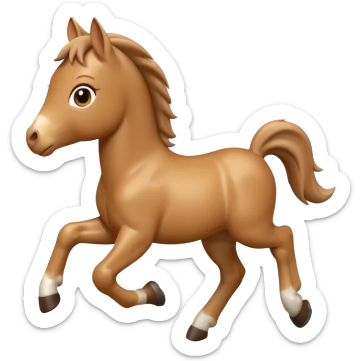 3D Apple-style emoji of a running foal. Small young horse with light brown body, short mane, big eyes, rounded and glossy, smooth shading, white background.

 sticker