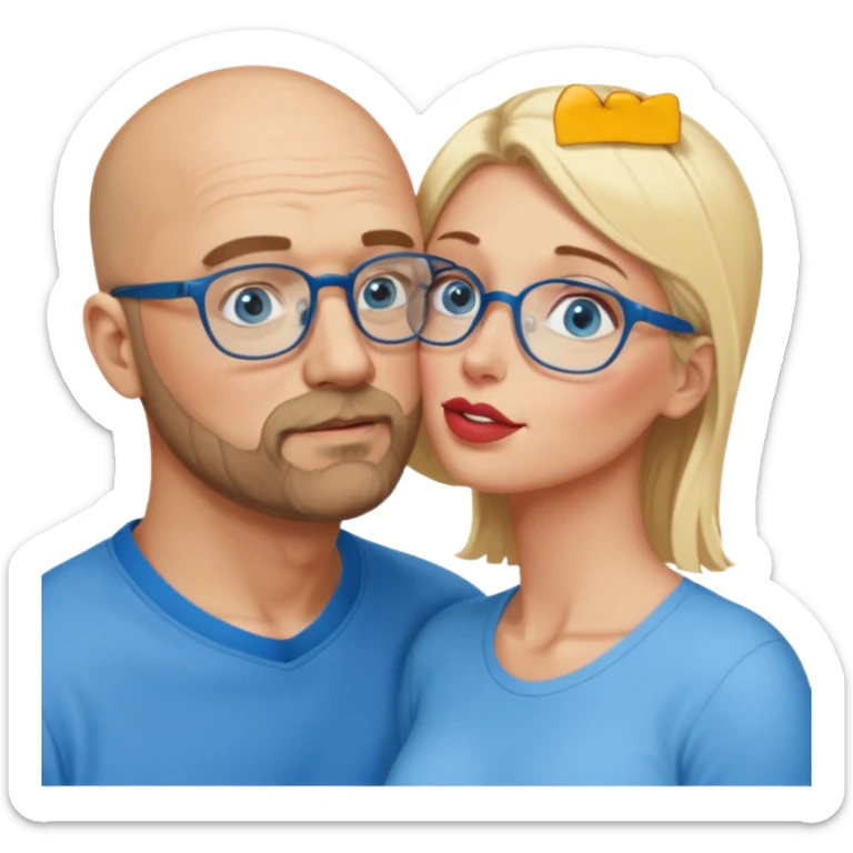 middle age bald man with heavy scruff, blue eyes and glasses.  Kissing blonde woman with blue eyes, the woman does not have glasses on sticker