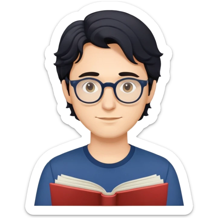 Young caucasian man with slightly longer wavy black hair, round glasses, dark blue shirt, holding a theater program sticker