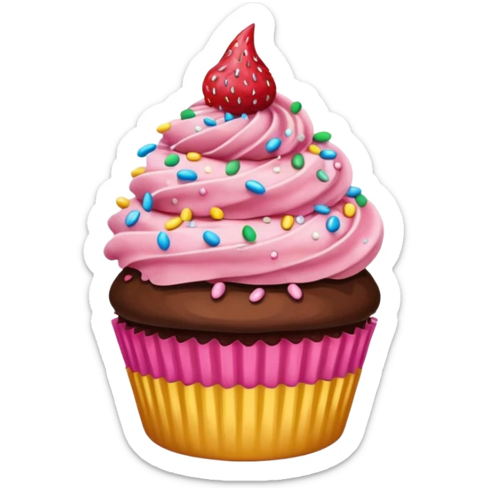 cupcake emoji with strawberry cake batter, chocolate frosting, and colorful fairy sprinkles sticker