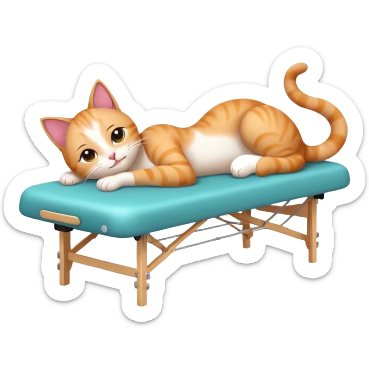 A cute emoji-style illustration of a cat girl lying on a massage table during a relaxing massage session,  sticker