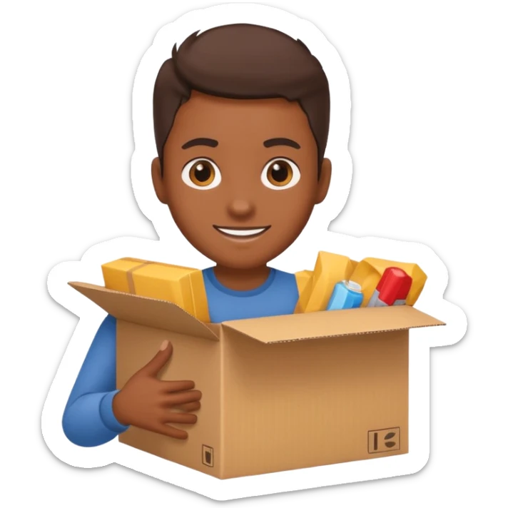 Generate a realistic emoji-style icon of the a person clever packing a package. That he´s clever by packing a box has to be easily noticed. sticker