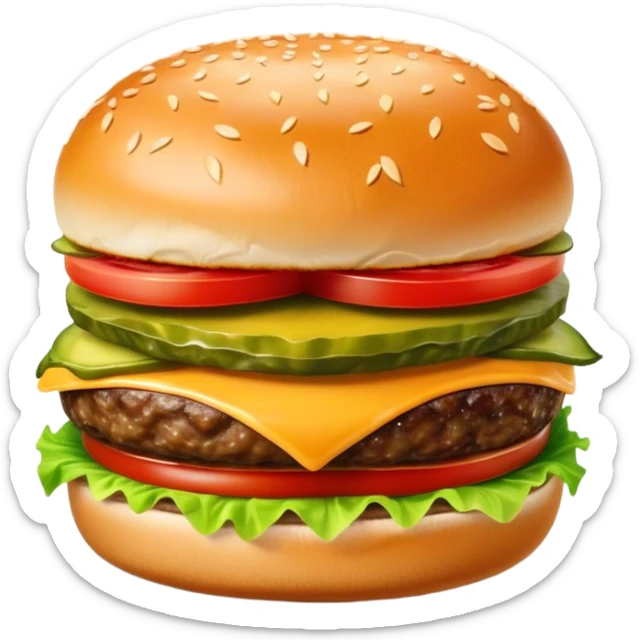 Cinematic juicy cheeseburger, perfectly grilled patty, melted cheese, crisp lettuce, tomatoes, and pickles, soft sesame seed bun, glossy and rich, warm glowing background, ultra-detailed and appetizing. sticker