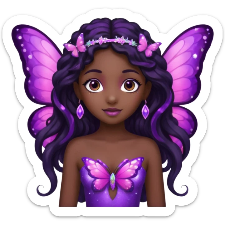 Black girl fairy with long wavy black hair, pink and purple red butterfly wings sparkly sticker