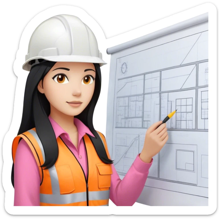 Female civil engineer with long black hair and white helmet wearing pink shirt and an orange safety vest looking at big drawing plan  sticker