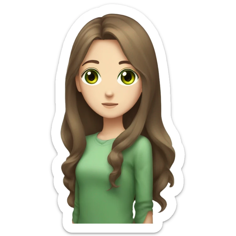 small anime girl with brown hair, light brown skin, big green eyes, long brown hair, brown skin, green eyes sticker