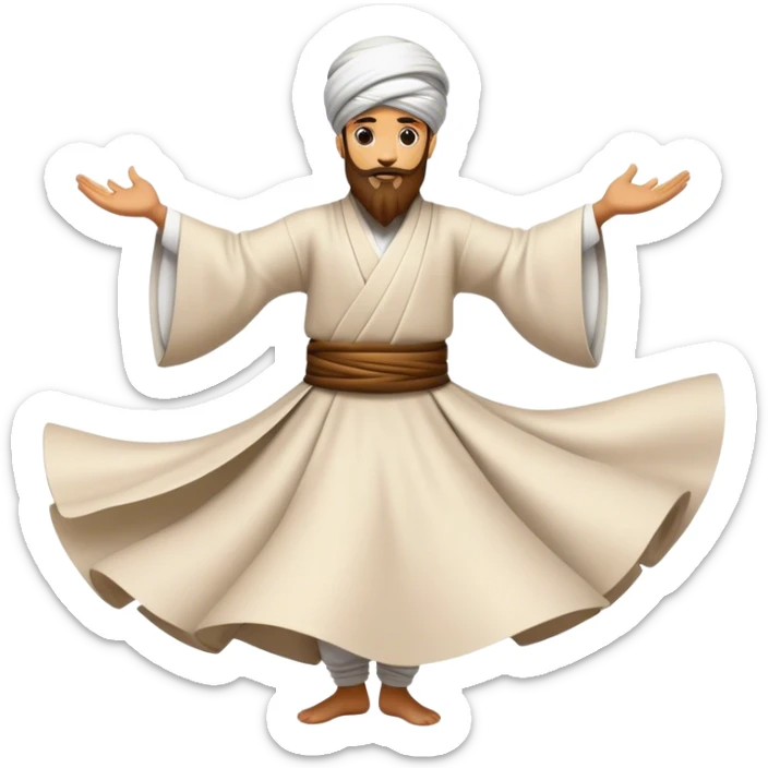 Cinematic Realistic Whirling Dervish Pop Culture Emoji, showcasing a mystical portrayal of traditional Sufi dance rendered with fluid textures and dynamic, spiritual lighting. sticker