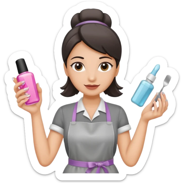 female nail master in grey apron with small gel polish in one hand and nail file in other  sticker