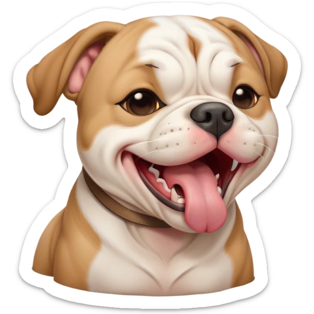 Cinematic Cute Yawning Solid Tan American Bulldog Portrait Emoji, Head tilted slightly with a dramatic, wide-open yawn, short tan fur with a velvety texture, floppy ears slightly drooping, round brown eyes barely open in drowsy contentment, Simplified yet irresistibly adorable features, highly detailed, glowing with a soft, cozy glow, high shine, relaxed yet expressive, stylized with a touch of whimsy, bright and endearing, soft glowing outline, capturing the essence of a sleepy yet affectionate pup, so drowsy it feels like it could stretch right out of the screen and curl up for a nap! sticker