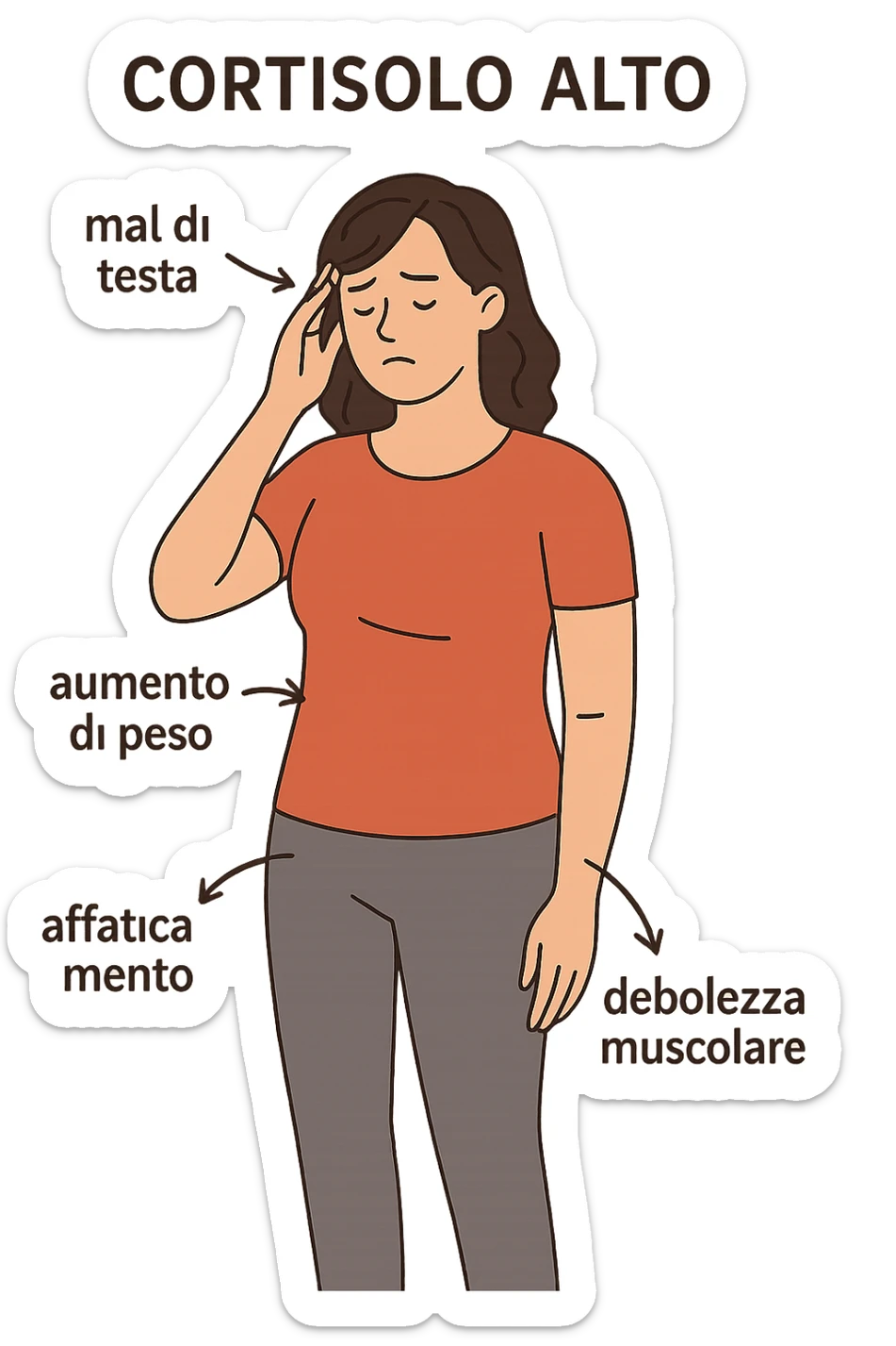 donna con Cortisolo alto con freccie che indicano. In italiano sticker