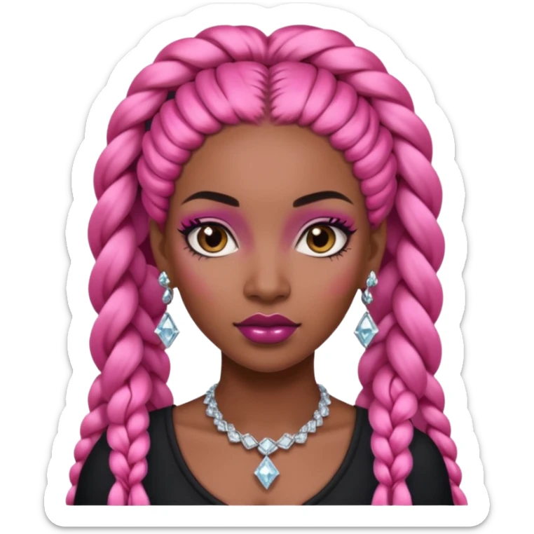 Attractive black woman with a wide face, dark makeup, Long pink braids and diamond earrings sticker