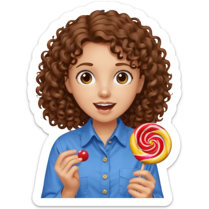 girl with brown curly hair in a blue button-up shirt loving candy excited sticker