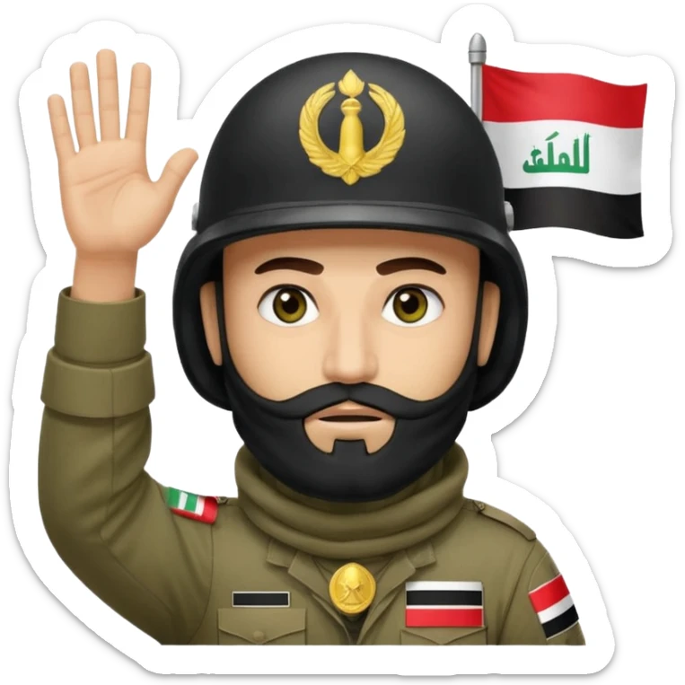 surrenders, depicts an Iraqi soldier from 1980, with a beard, in a helmet, a helmet with sign flag Iraq, with a balaclava, with sad eyes and both hands raised up sticker