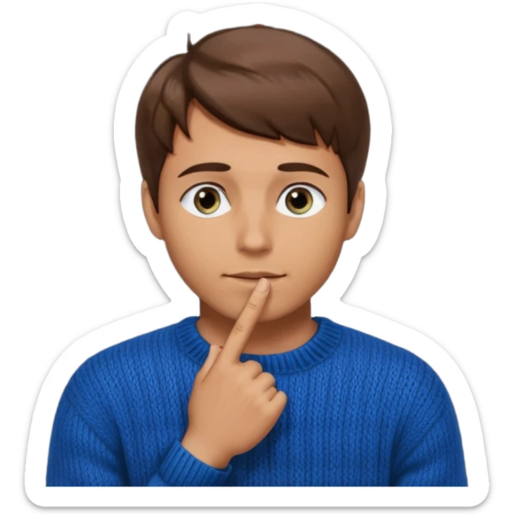 man in black knitted sweater in thinking pose, blue eyes brown hair, index finger touching his chin, eyes looking up to the top right sticker