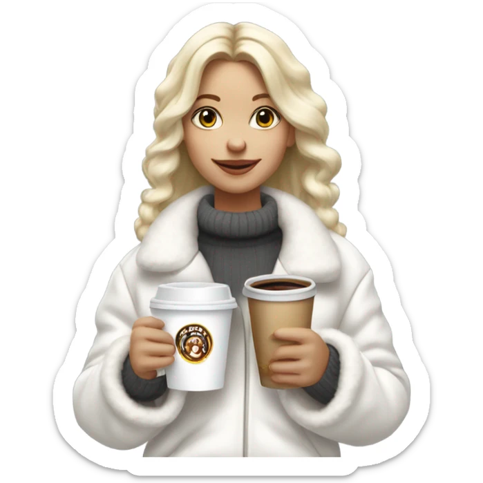 blonde girl wearing white fluffy jacket and a coffee to go in hand all dress white and a white bow on hair sticker