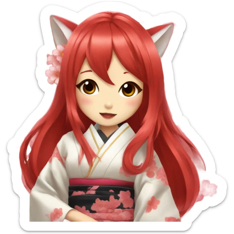 hime gyaru girl, kimono, red hair, kitsune mask sticker