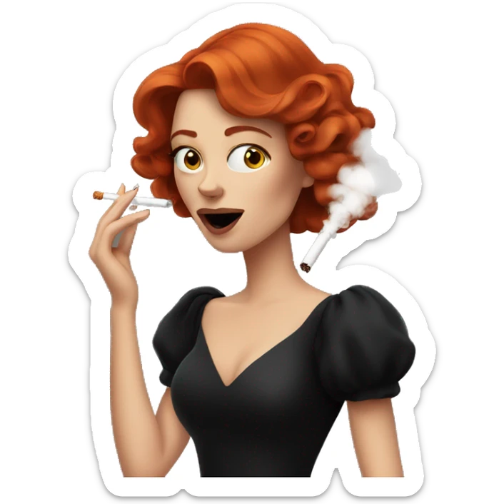 An elegant red-haired girl dressed in a black dress and smoking a cigarette. Smoke is coming out of her mouth sticker