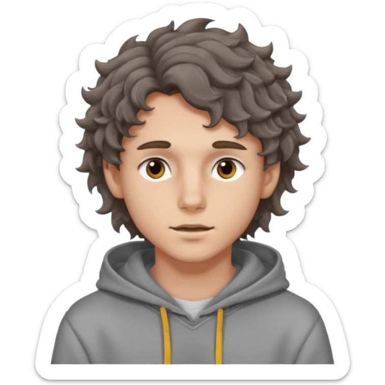 18 year old boy siren eyes good jawline with grey hoodie and long brown wavy curly wolf cut hair sticker