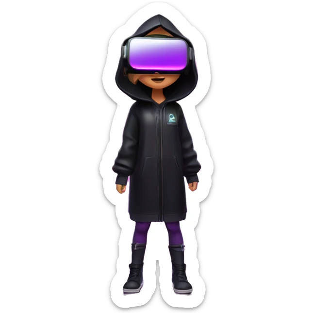 Russian girl wearing black hoody with violet letters "OMG", in vr headset oculus quest2. Standing like jedi. Cyberpunk style. Violet neon. sticker