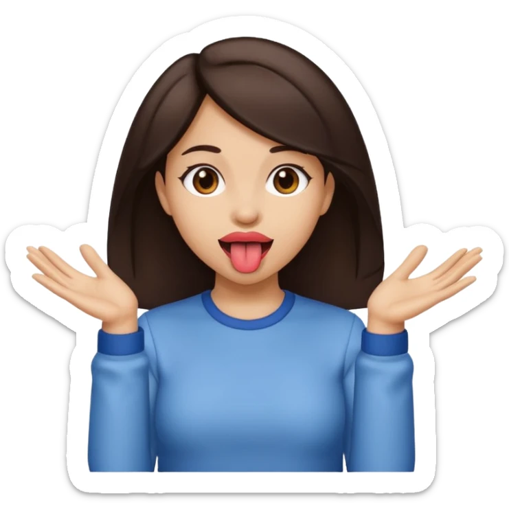 light skin female with dark brown hair. tongue out and hands to the side sticker
