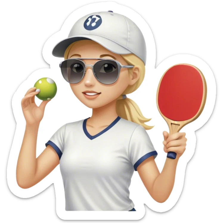 Girl with blond hair in a ponytail wearing a white baseball cap and sunglasses playing pickleball sticker