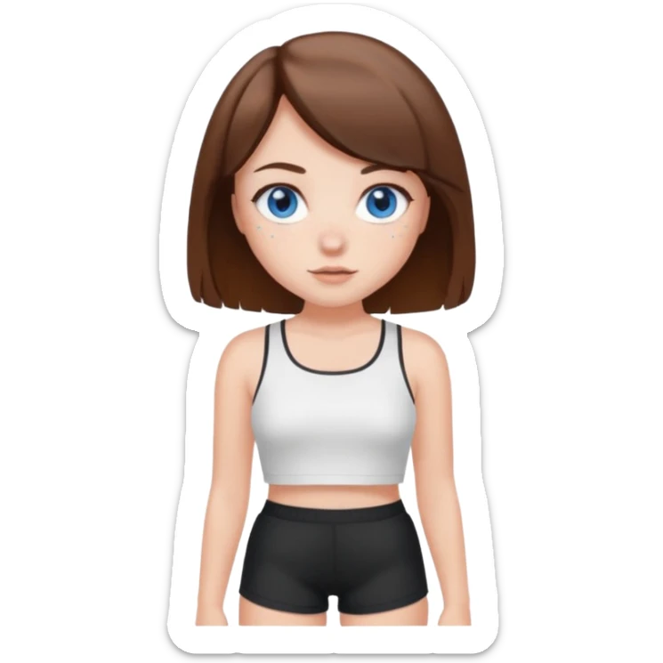 Brown haired girl with bob and blue eyes and freckles and white crop top and black shorts sticker
