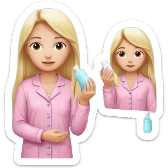 A girl in a light pink pajama is taking care of her skin, doing skincare routines in the bathroom in front of the mirror, her hair is long, blonde, and straight. sticker