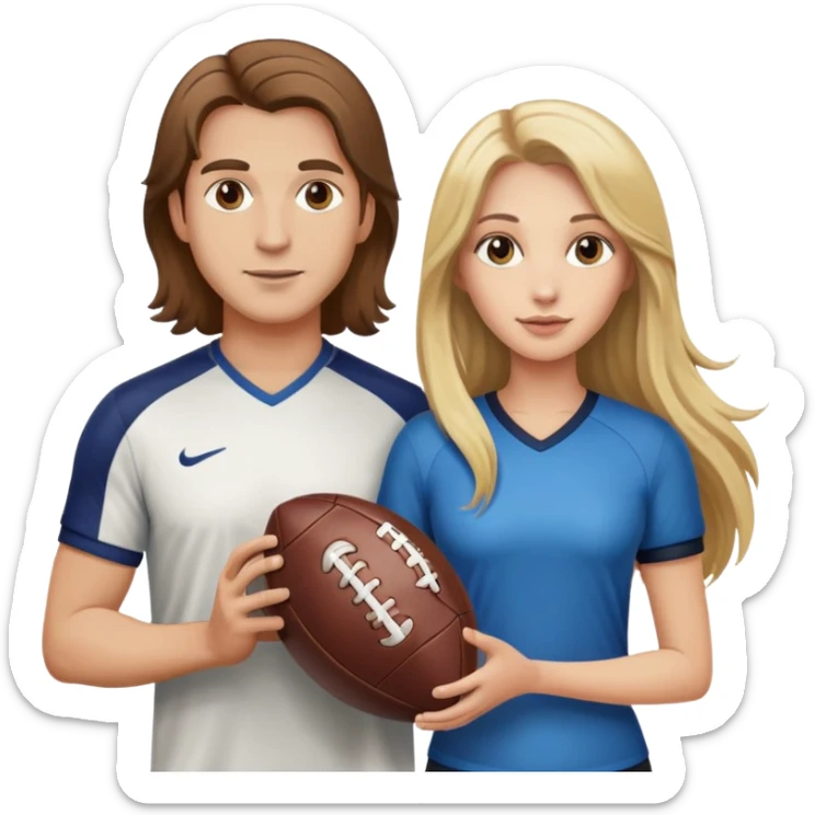 Man with brown hair with a football and woman with long blonde hair with a football sticker