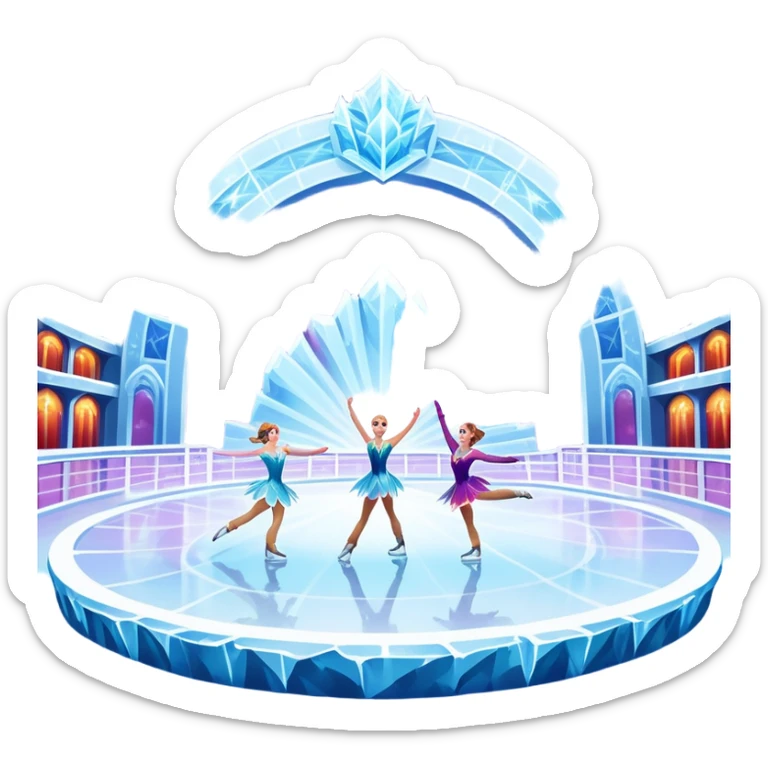 An icon of a theatrical ice show with costumed figure skaters performing a dramatic scene on a glowing ice stage. Spotlights, colorful scenery, and a cheering audience in a grand arena convey the magic and artistry of the ice performance. Transparent background included. sticker