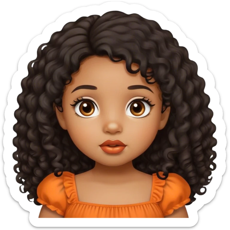 light brown skin tone, very adorable toddler, with big plump lips, long long lashes, black curly hair, middle hair parting, brown eyes, orange dress sticker