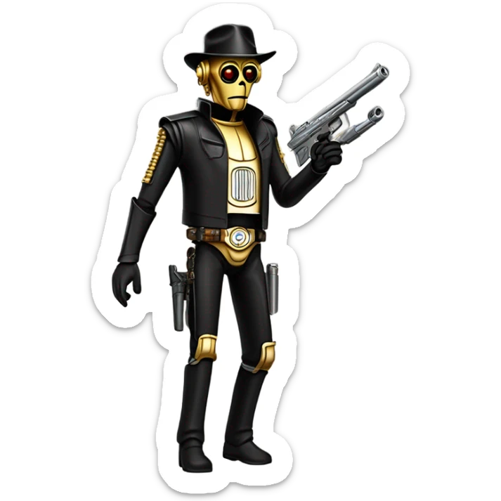 battle rough and tough bounty hunter c3Po wearing Satan’s leather outfit with guns and flat-brimmed hat on head. walking away happy sticker