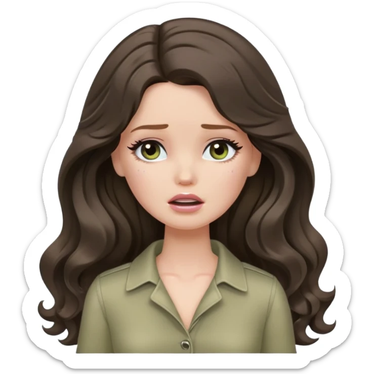 A white Barbie girl with long dark brown wavy hair in pale olive clothes crying sticker