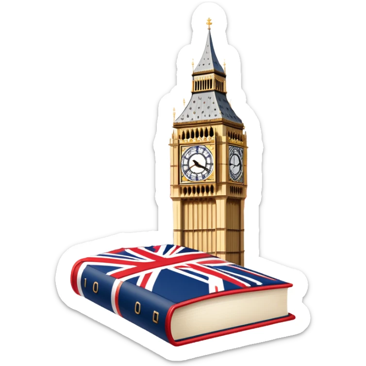 An icon featuring the Big Ben clock tower and the flag of the United Kingdom, symbolizing the English language. The design includes an open book with English words and phrases, representing language learning and cultural exploration. Transparent background  sticker