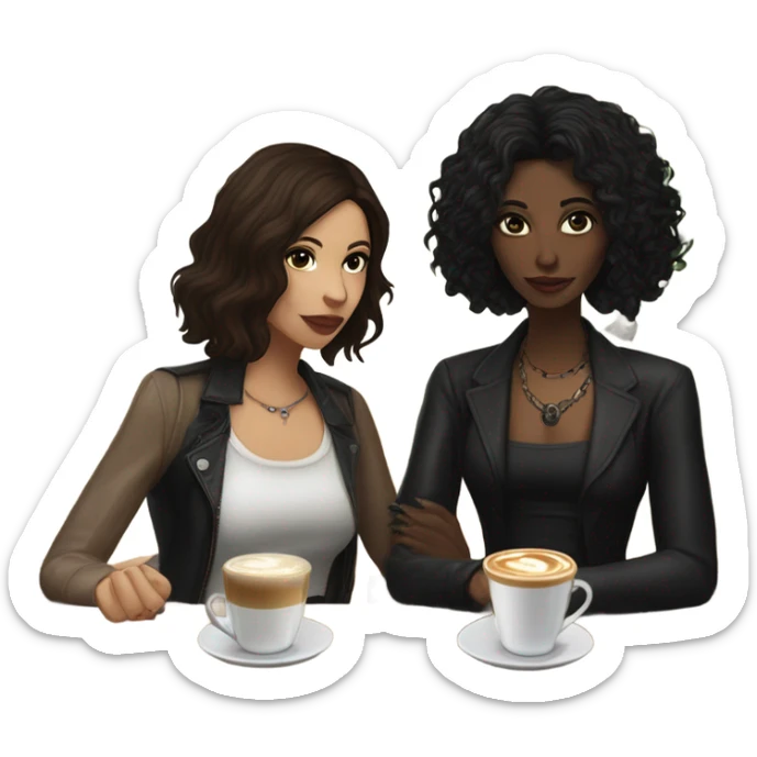 puerto rican woman light skin with shoulder-length, wavy, brown hair drinking latte with Italian goth woman with black, straight hair drinking espresso at table sticker