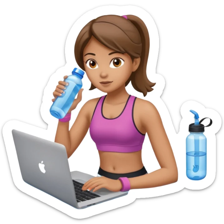 A girl working out with a water bottle and laptop in front of the girl  sticker