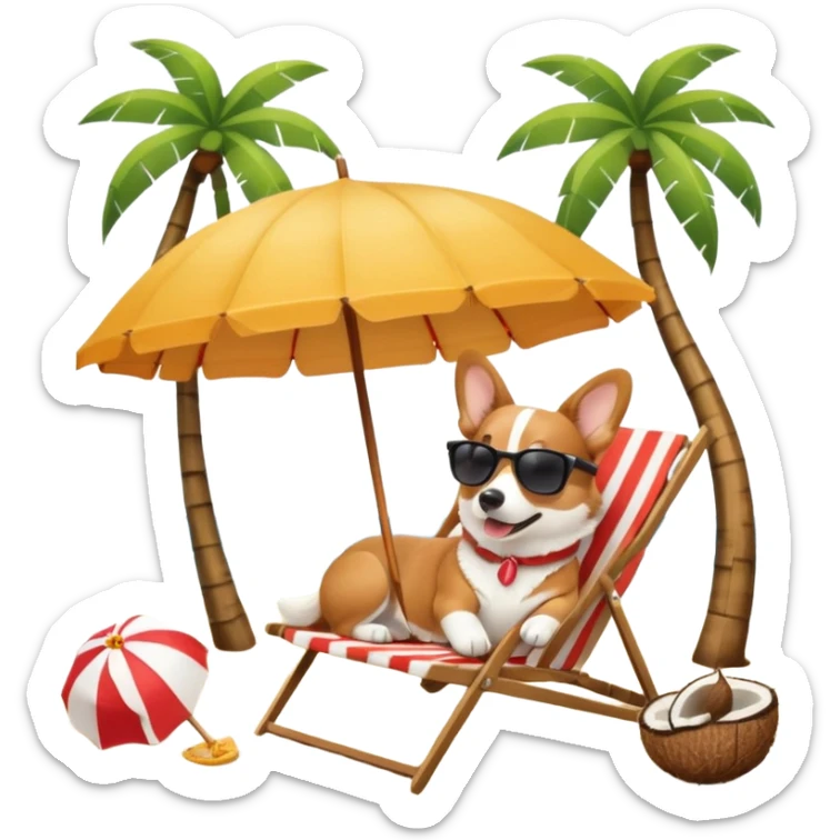 a corgi dog laied on a beach chair, a sunny beach, a sun umbrella, and beach coconut trees. the icon should capture the essence of a relaxing beach vacation with a carefree atmosphere sticker
