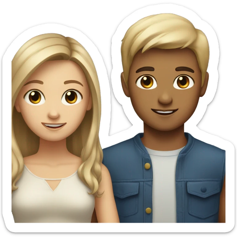 A light tan girl with brown hair and brown eyes with a blond boy with blue eyes sticker