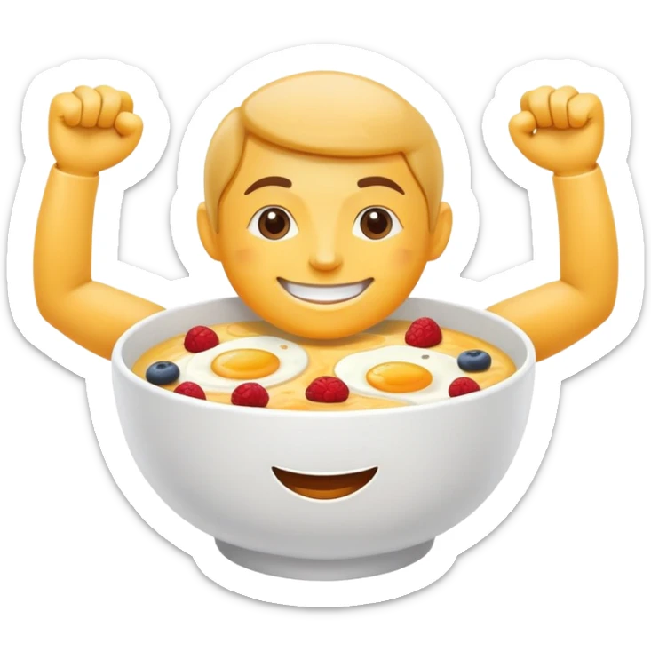 Breakfast bowl with a face on the bowl and arms and legs ready for gym sticker