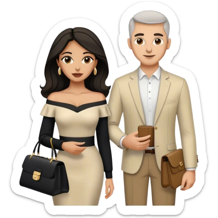 the Lebanese white man dressed in all black, and the Palestinian woman in an elegant off-shoulder cream-colored outfit with a matching handbag. sticker