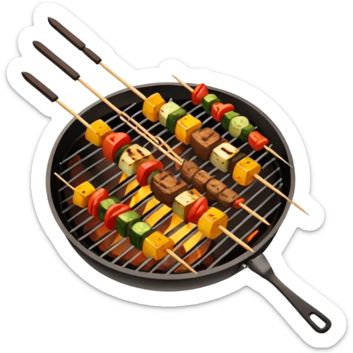 Grilled dishes avatar in bright emoji-style illustration. Skewers, BBQ, and grilled vegetables, warm fire tones, simple shapes, flat design, high contrast, tasty and inviting. sticker