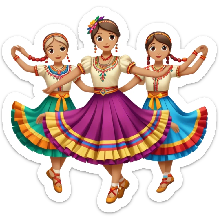 Icon for Folk Dance: close-up traditional dance dress, shoes, colorful folk costumes and a dance circle with ribbons. The icon should represent the vibrant and cultural aspects of folk dancing. Transparent background. sticker