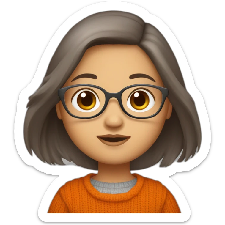 cute chubby girl with light grey glasses with long straight brown hair waving wearing a dark orange sweater sticker