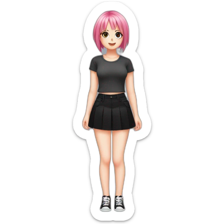 Full body Front view curvy emo girl pink hair sits on the floor straight view hands up black skirt белые трусики рваные полосатые чулки sticker