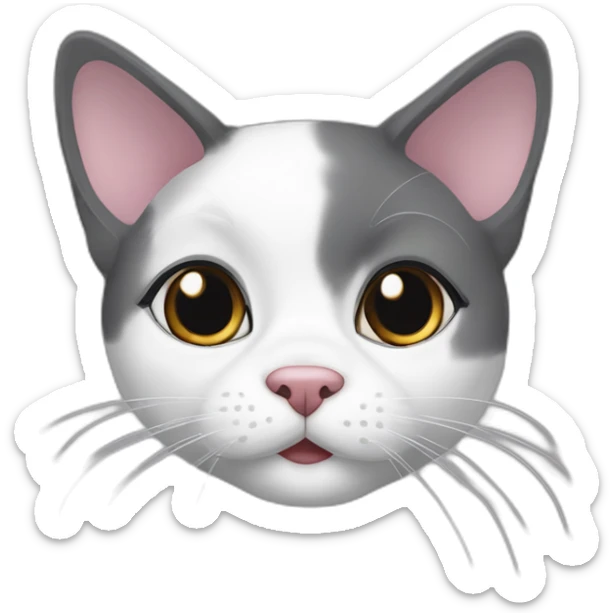 older round diluted calico, white chin, black and pink nose, grey ears, grey and white sticker