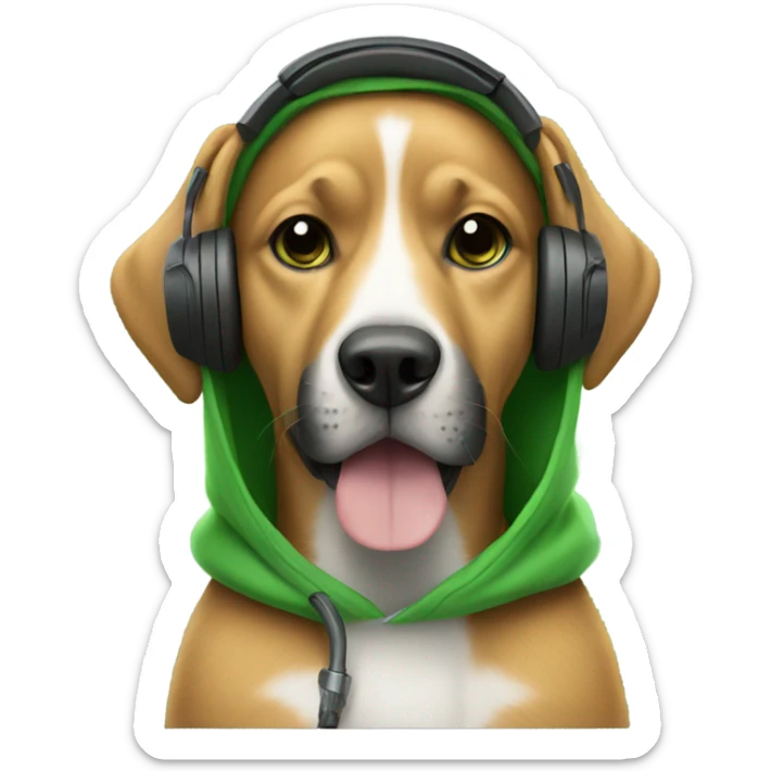 Dog wearing black headphones and a green hoodie sticker