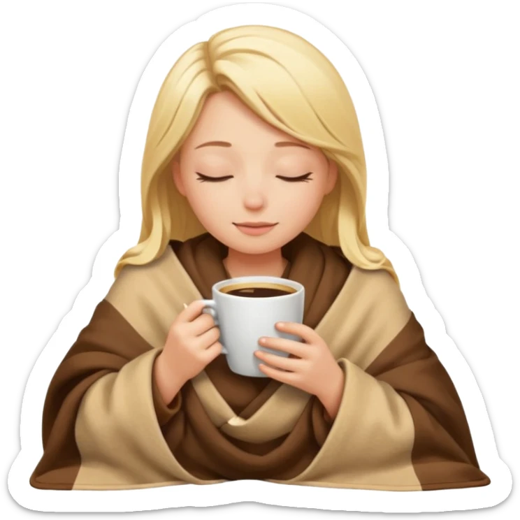 blonde girl inside a blanket, enjoying coffee, eyes closed, relaxed mood, emoji style sticker
