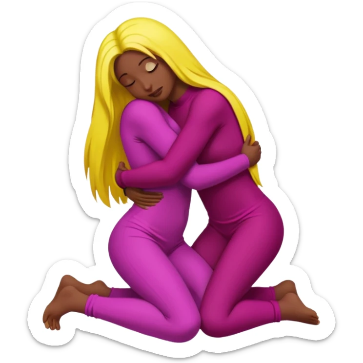 One figure is dark magenta and is kneeling.
	•	The other figure is yellow with long hair and is being held, with their arms around the magenta figure’s neck.
	•	The yellow figure’s legs wrap around the magenta figure’s waist, suggesting a close, intimate embrace. sticker